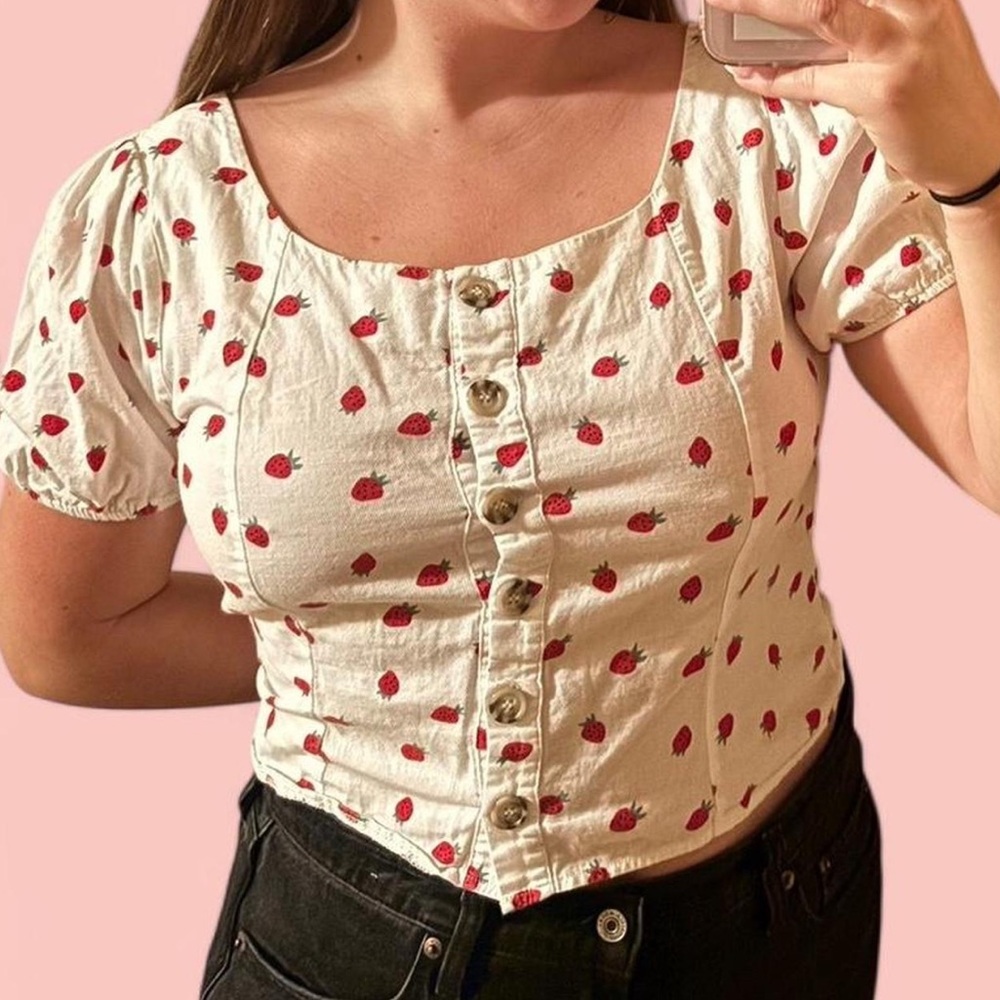 Strawberry Print Button-Up Top